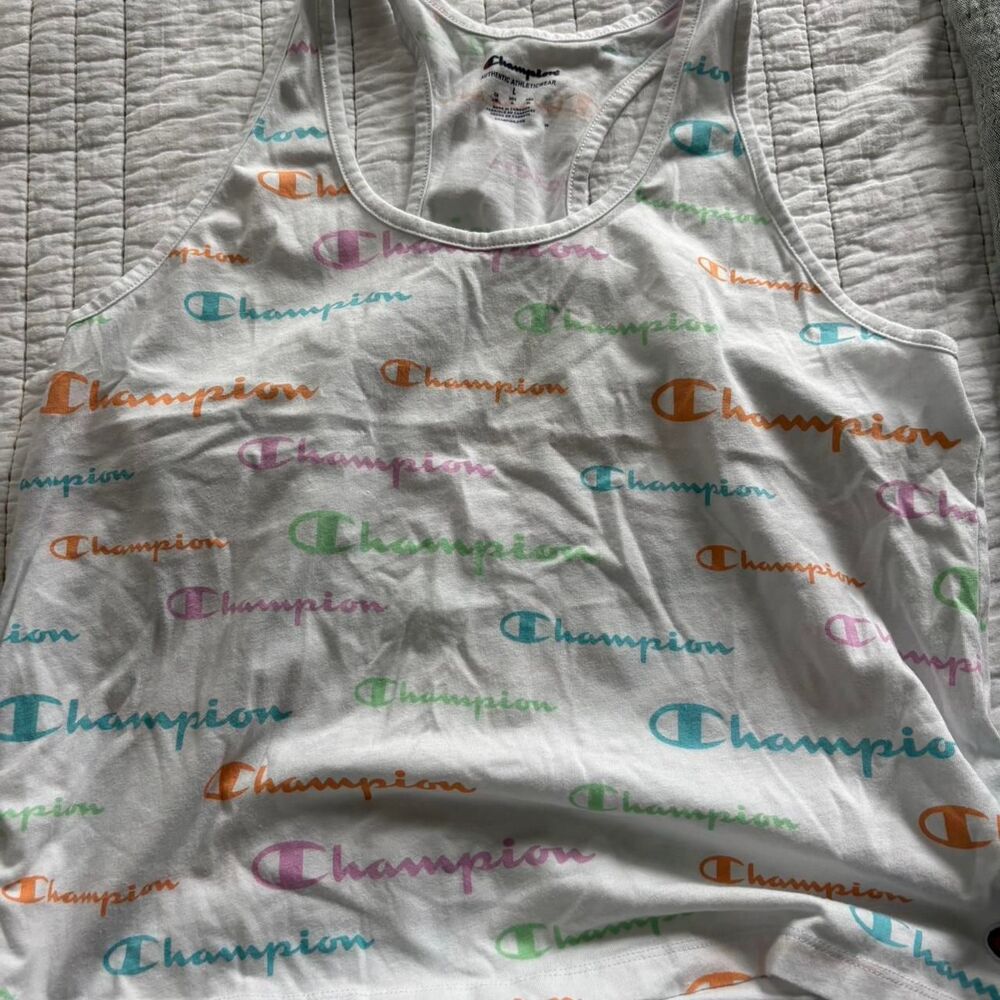 CHAMPION Activewear Athletic White Rainbow Colorful Large Women's Tank Top
